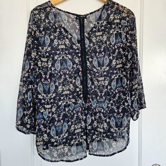 Papermoon Dressy Blouse  for  Stitch Fix Navy Paisley Sheer Long Sleeve, Med - Picture 3 of 9